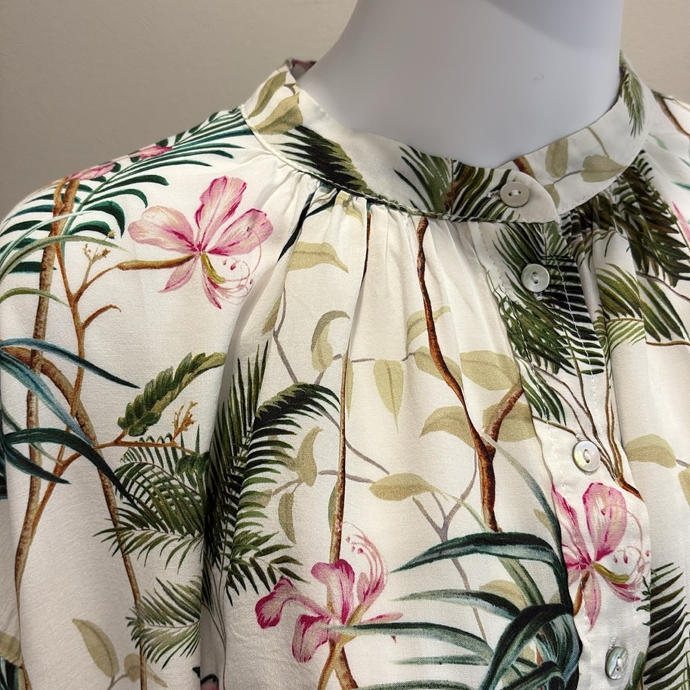H&M Jungle Floral Print Blouse Womens Size 14 Balloon Sleeve 1/2 Placket Popover - Picture 7 of 16